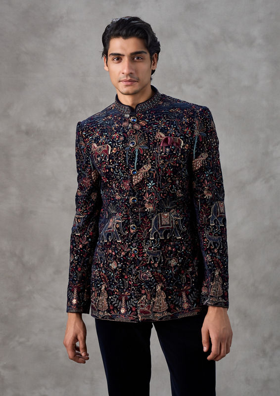 Twamev Men Velvety Royal Blue Jodhpuri Set