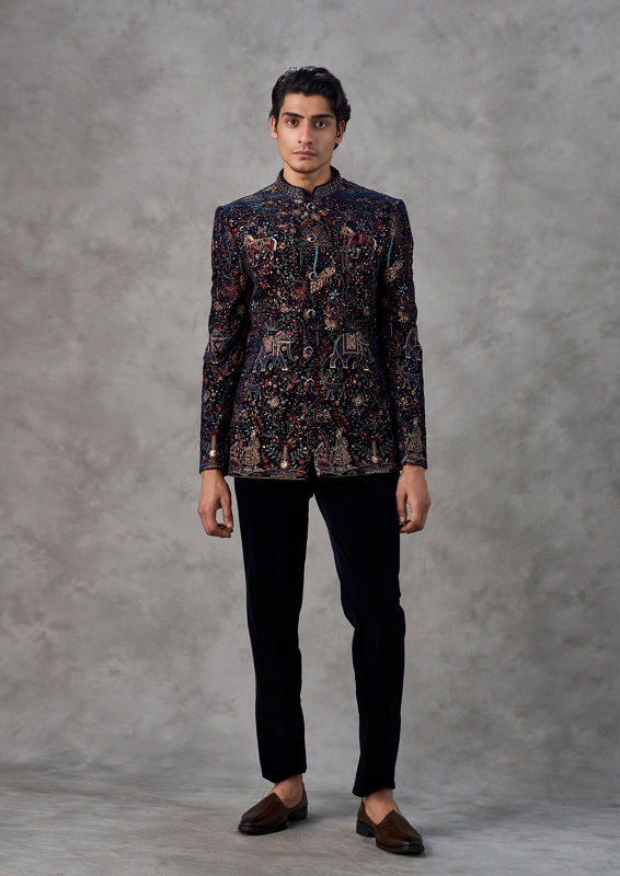 Twamev Men Velvety Royal Blue Jodhpuri Set