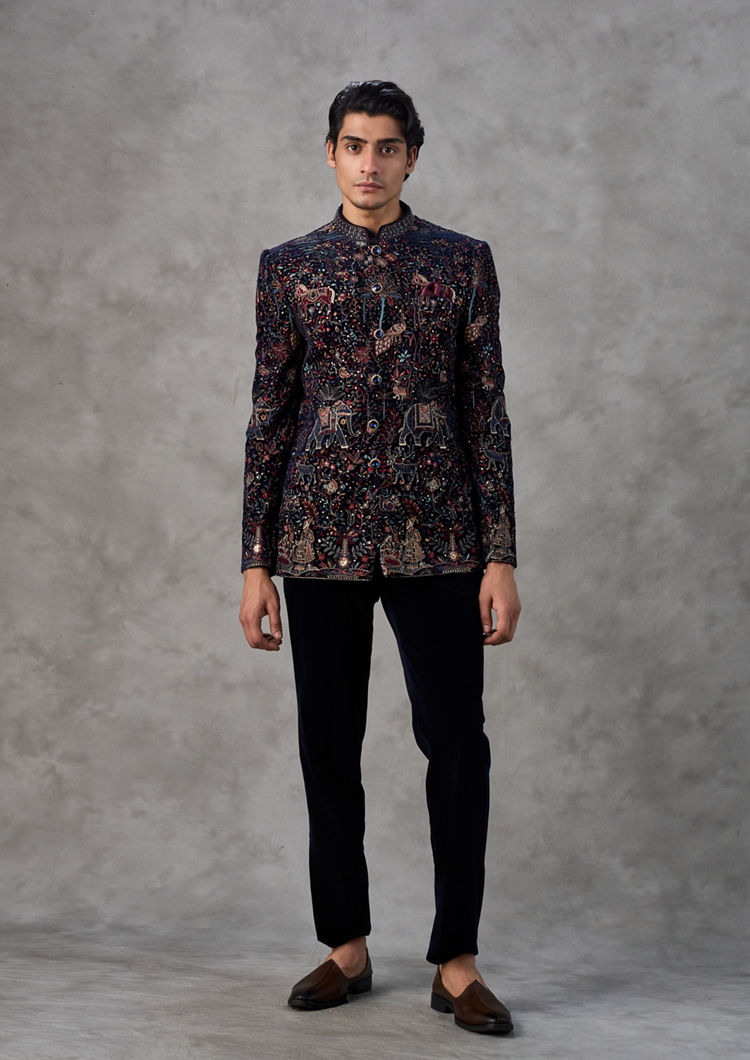 Twamev Men Velvety Royal Blue Jodhpuri Set