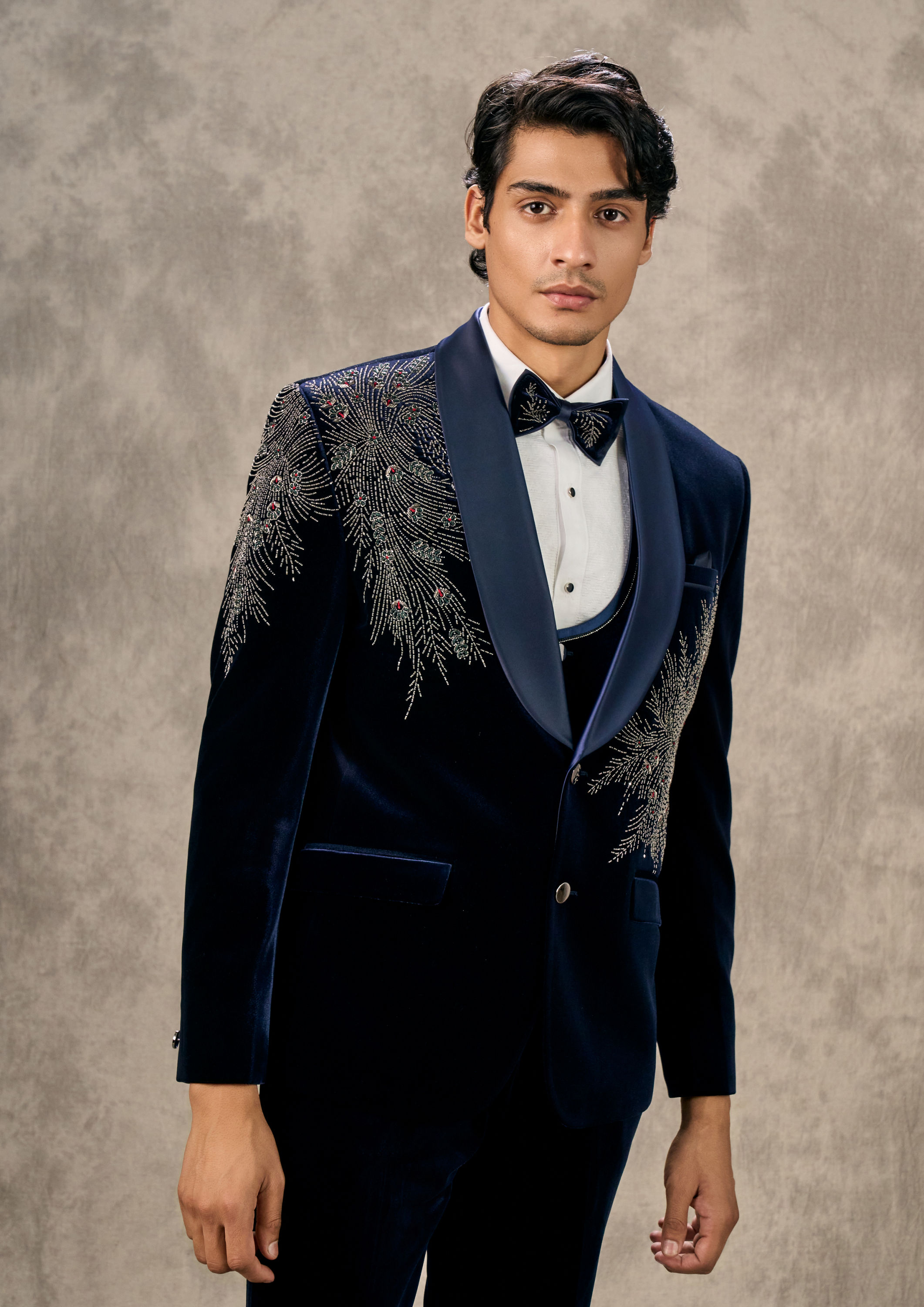 Twamev Men Dark Blue Velvet Radiance Suit Set