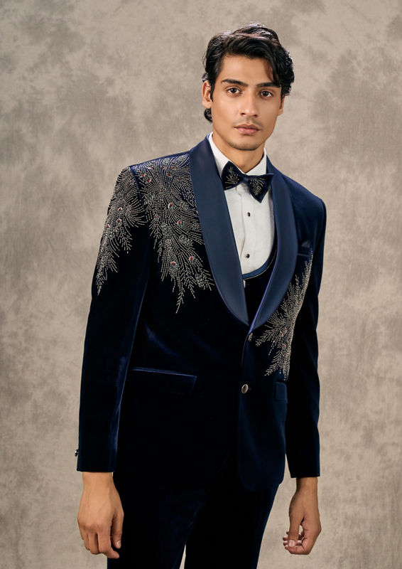Twamev Men Dark Blue Velvet Radiance Suit Set
