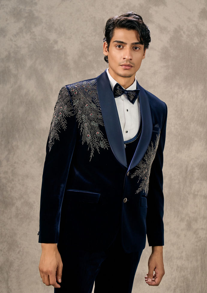 Twamev Men Dark Blue Velvet Radiance Suit Set