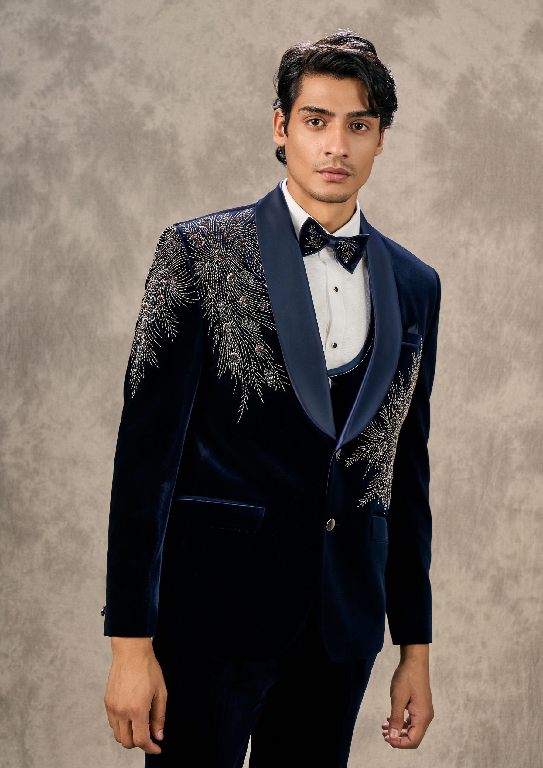 Twamev Men Dark Blue Velvet Radiance Suit Set