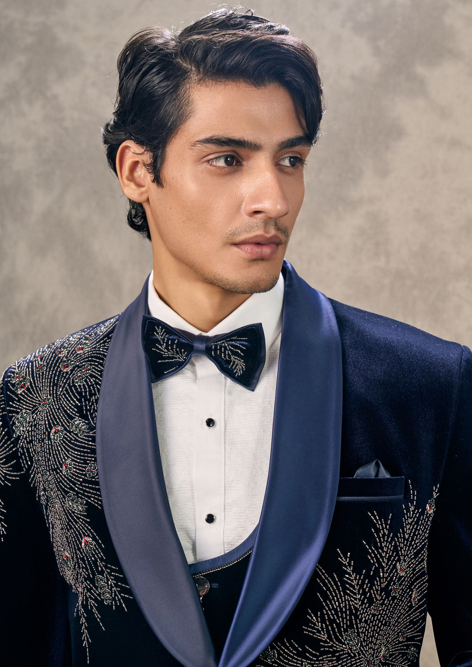 Twamev Men Dark Blue Velvet Radiance Suit Set