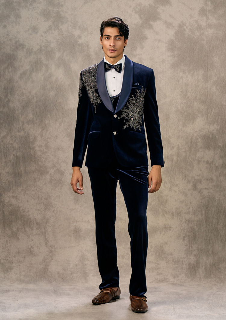 Twamev Men Dark Blue Velvet Radiance Suit Set