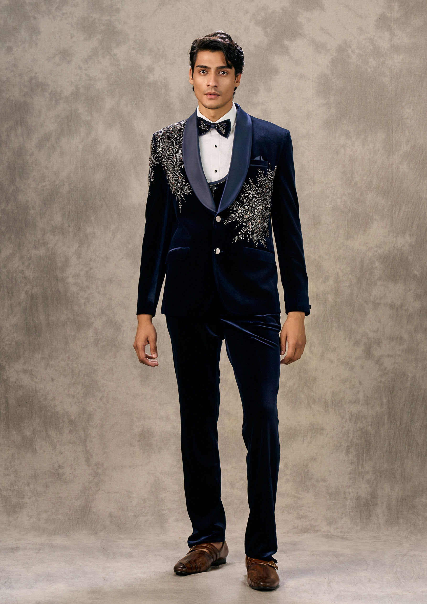 Twamev Men Dark Blue Velvet Radiance Suit Set