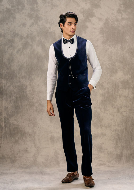 Twamev Men Dark Blue Velvet Radiance Suit Set
