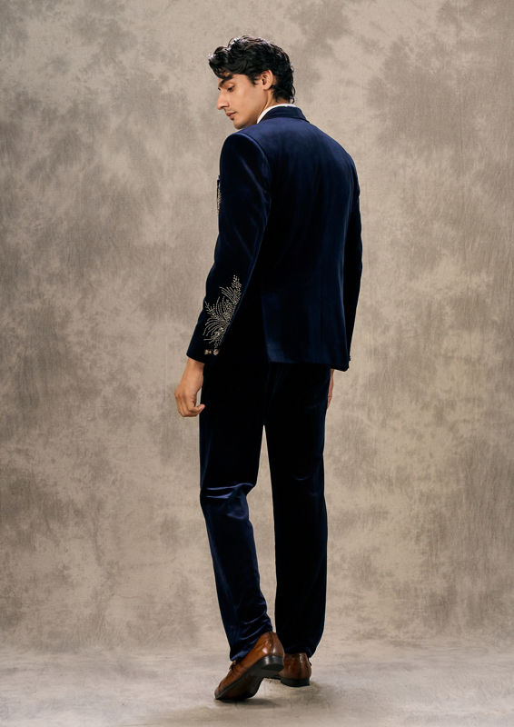 Twamev Men Dark Blue Velvet Radiance Suit Set
