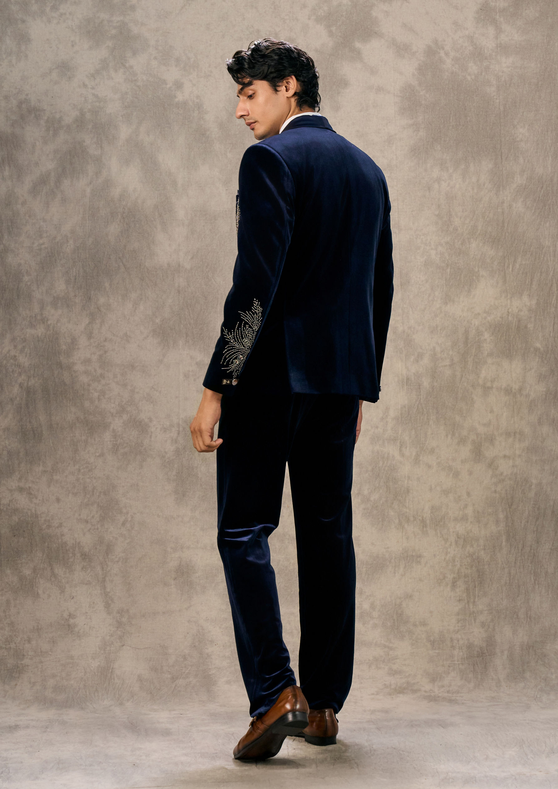Twamev Men Dark Blue Velvet Radiance Suit Set