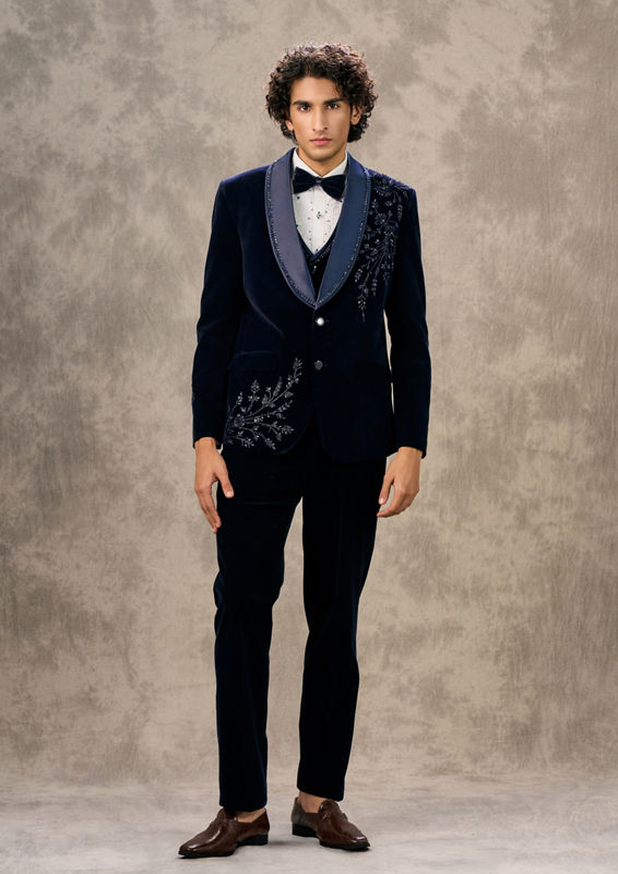 Twamev Men Dark Blue Velvet Elegance Suit Set