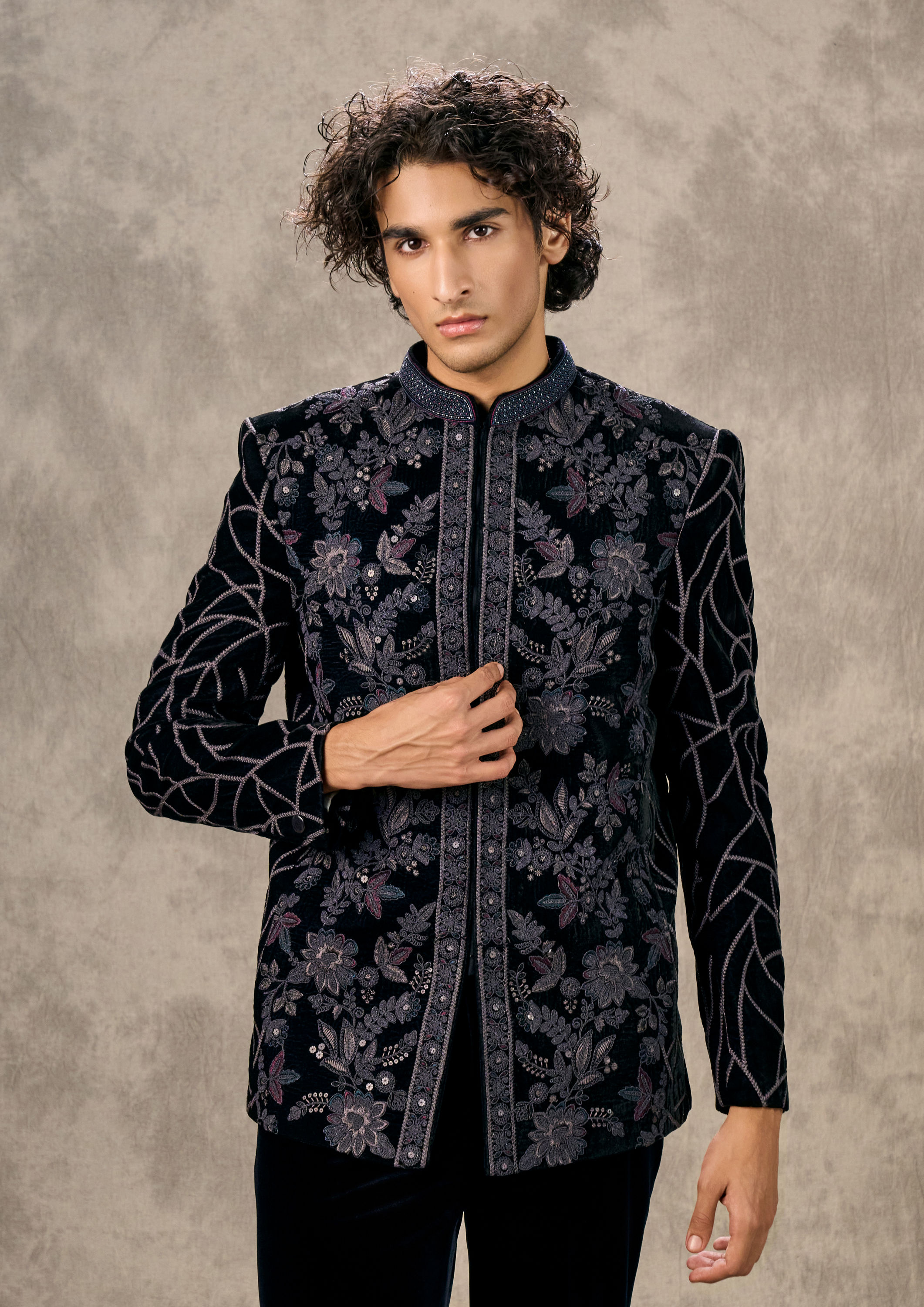 Twamev Men Elegant Dark Blue Velvet Jodhpuri Set