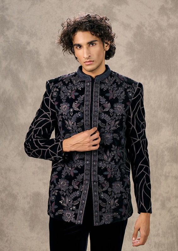 Twamev Men Elegant Dark Blue Velvet Jodhpuri Set