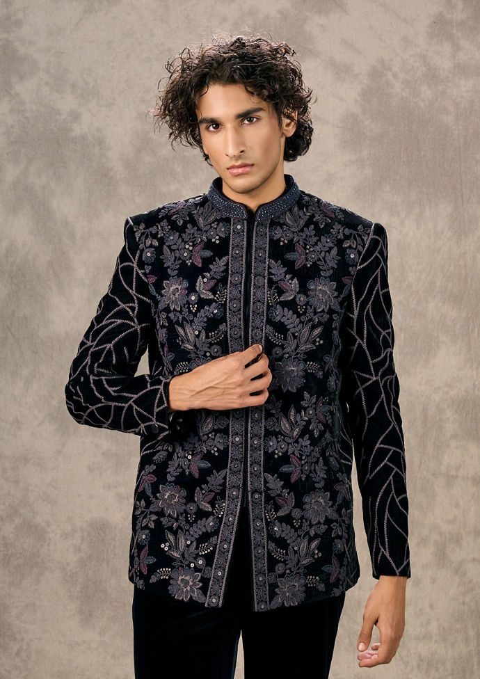 Twamev Men Elegant Dark Blue Velvet Jodhpuri Set