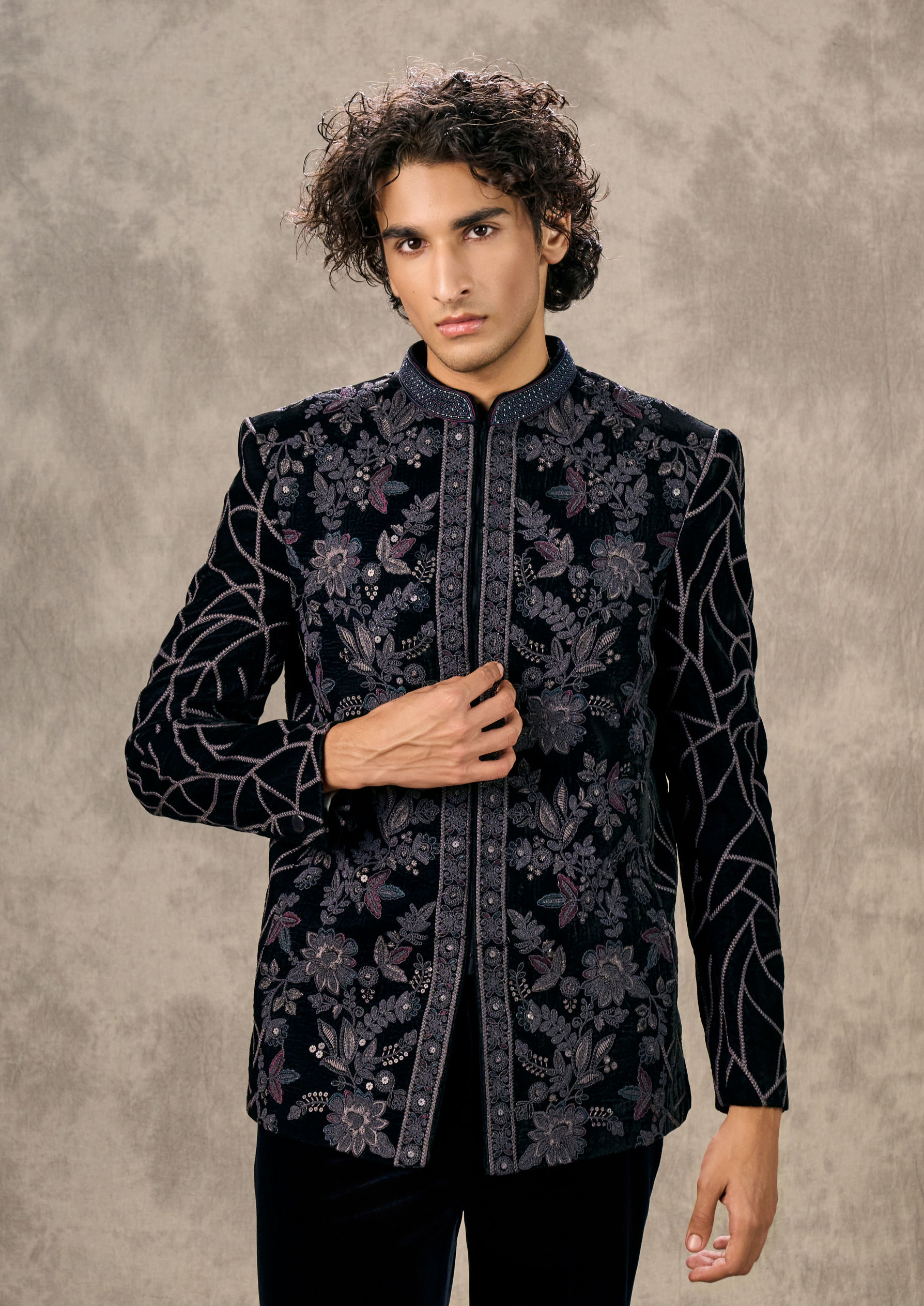 Twamev Men Elegant Dark Blue Velvet Jodhpuri Set