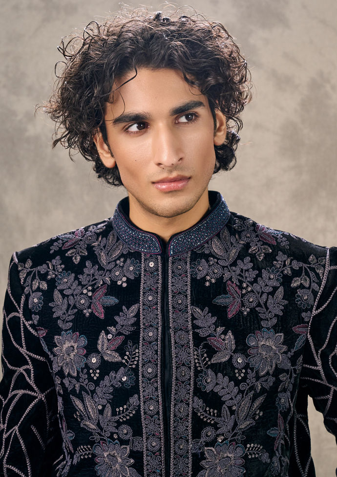 Twamev Men Elegant Dark Blue Velvet Jodhpuri Set
