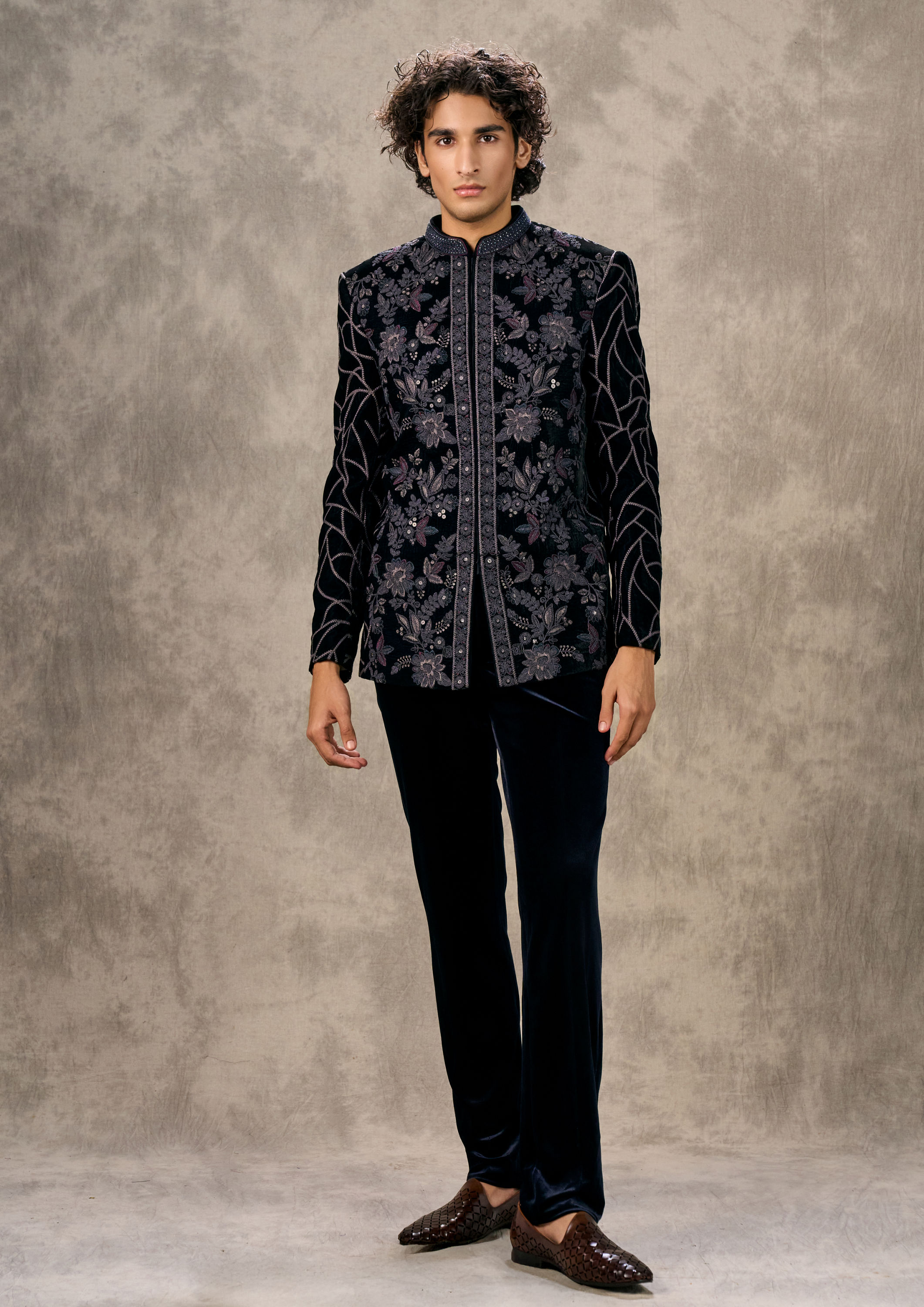 Twamev Men Elegant Dark Blue Velvet Jodhpuri Set