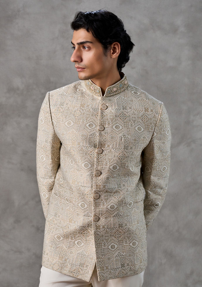 Twamev Men Elegant Cream Jodhpuri Set