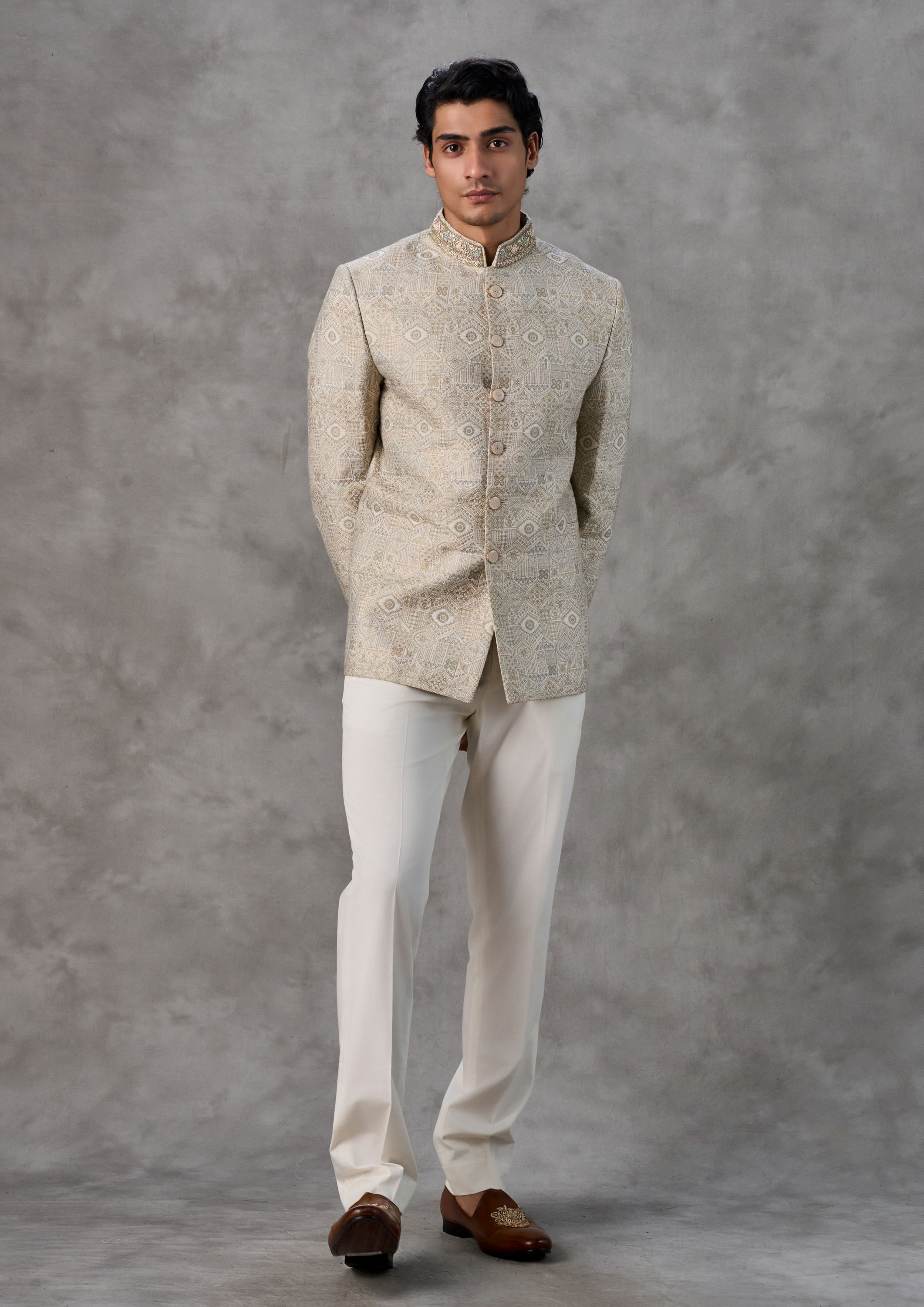 Twamev Men Elegant Cream Jodhpuri Set