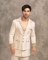 Twamev Men Off White Crepe Self Weave Resham Embroidered Kurta Bomber Jacket Set