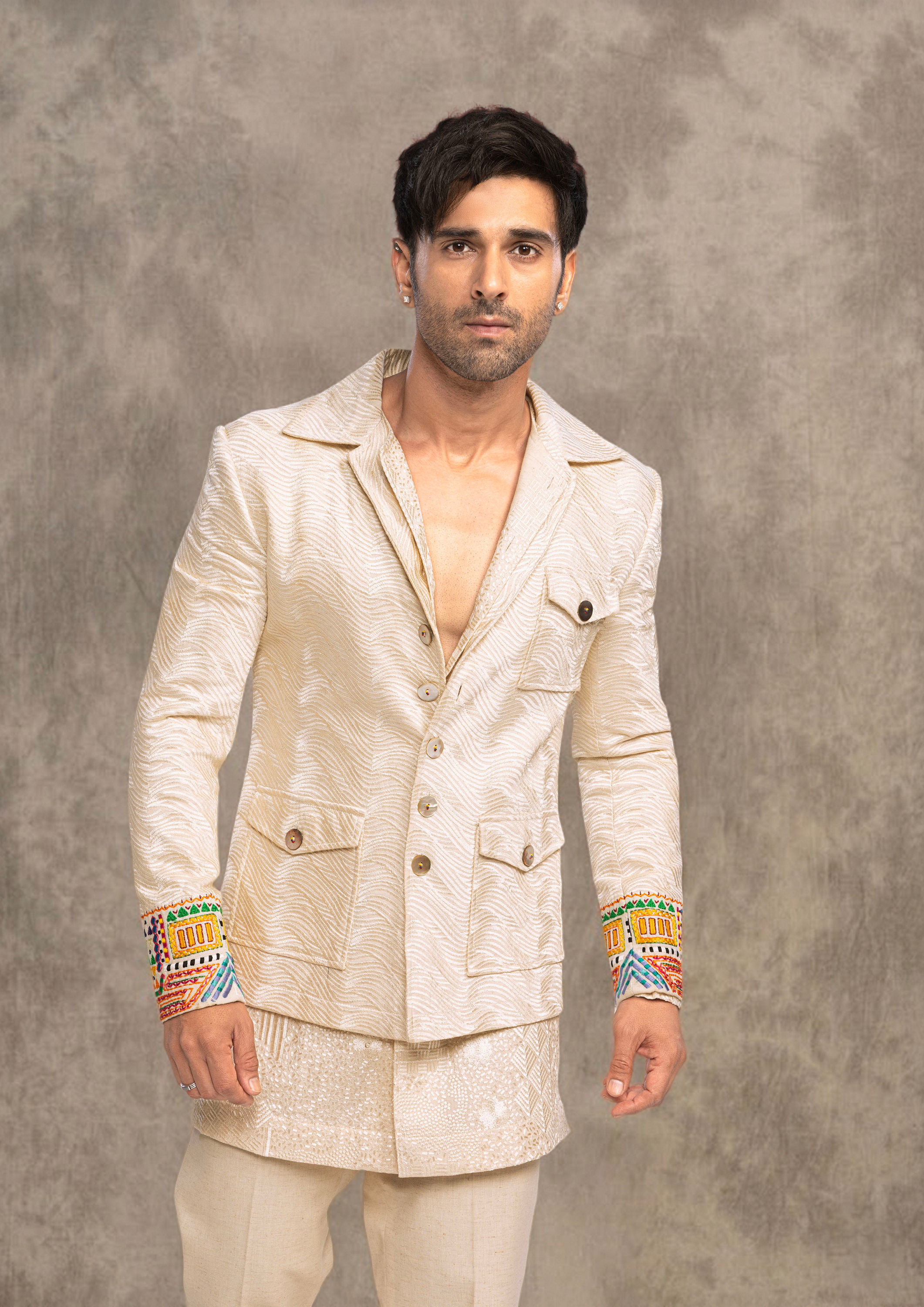 Twamev Men Off White Crepe Self Weave Resham Embroidered Kurta Bomber Jacket Set