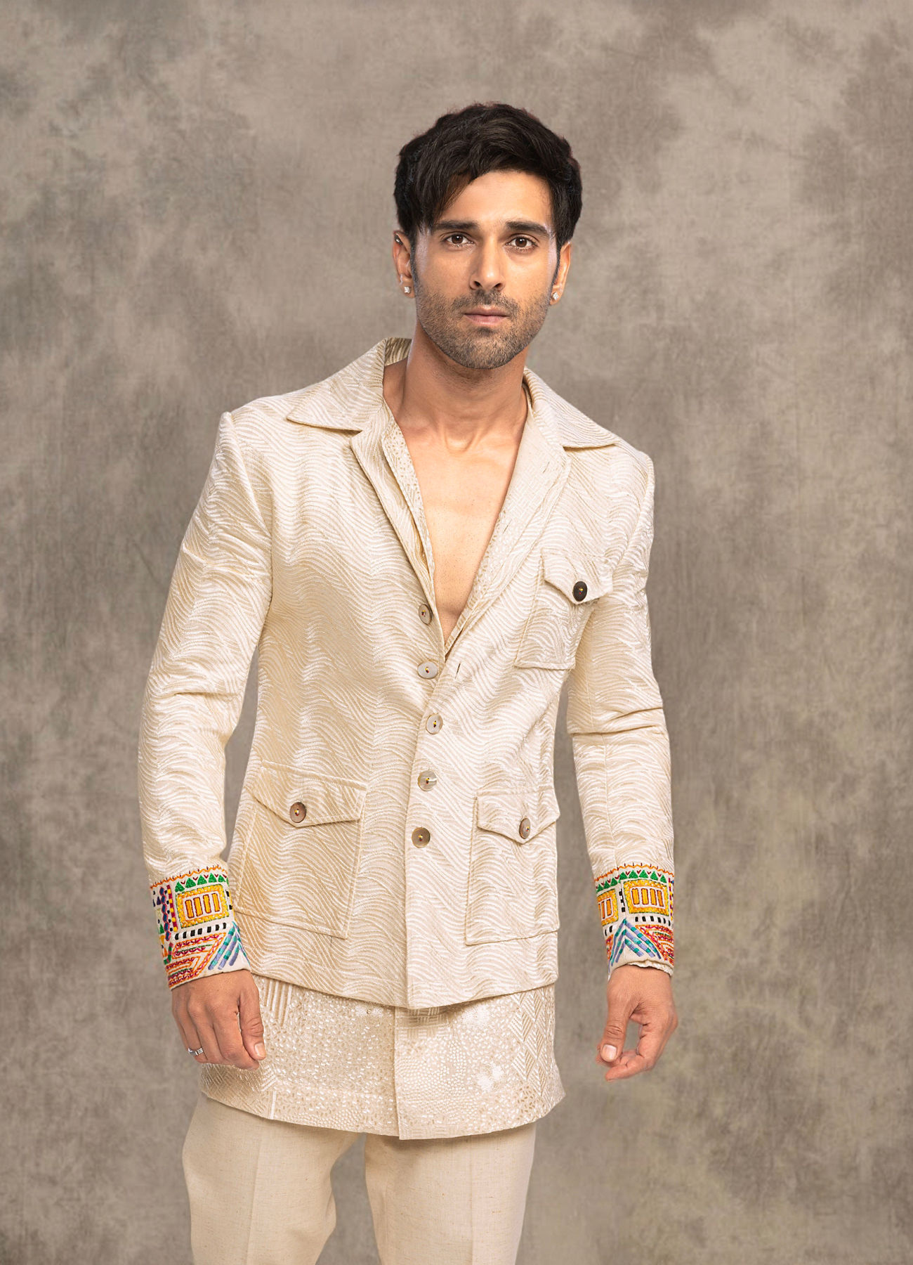 Twamev Men Off White Crepe Self Weave Resham Embroidered Kurta Bomber Jacket Set