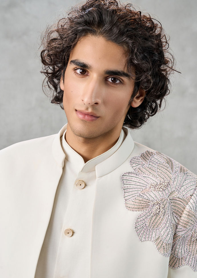 Twamev Men Ivory Floral Hand Embroidered Bandhgala Jodhpuri Set