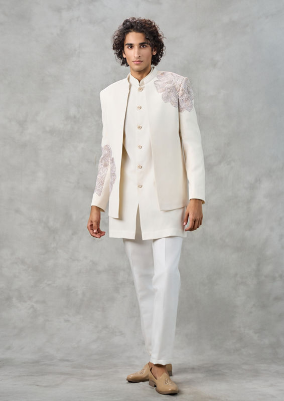 Twamev Men Ivory Floral Hand Embroidered Bandhgala Jodhpuri Set