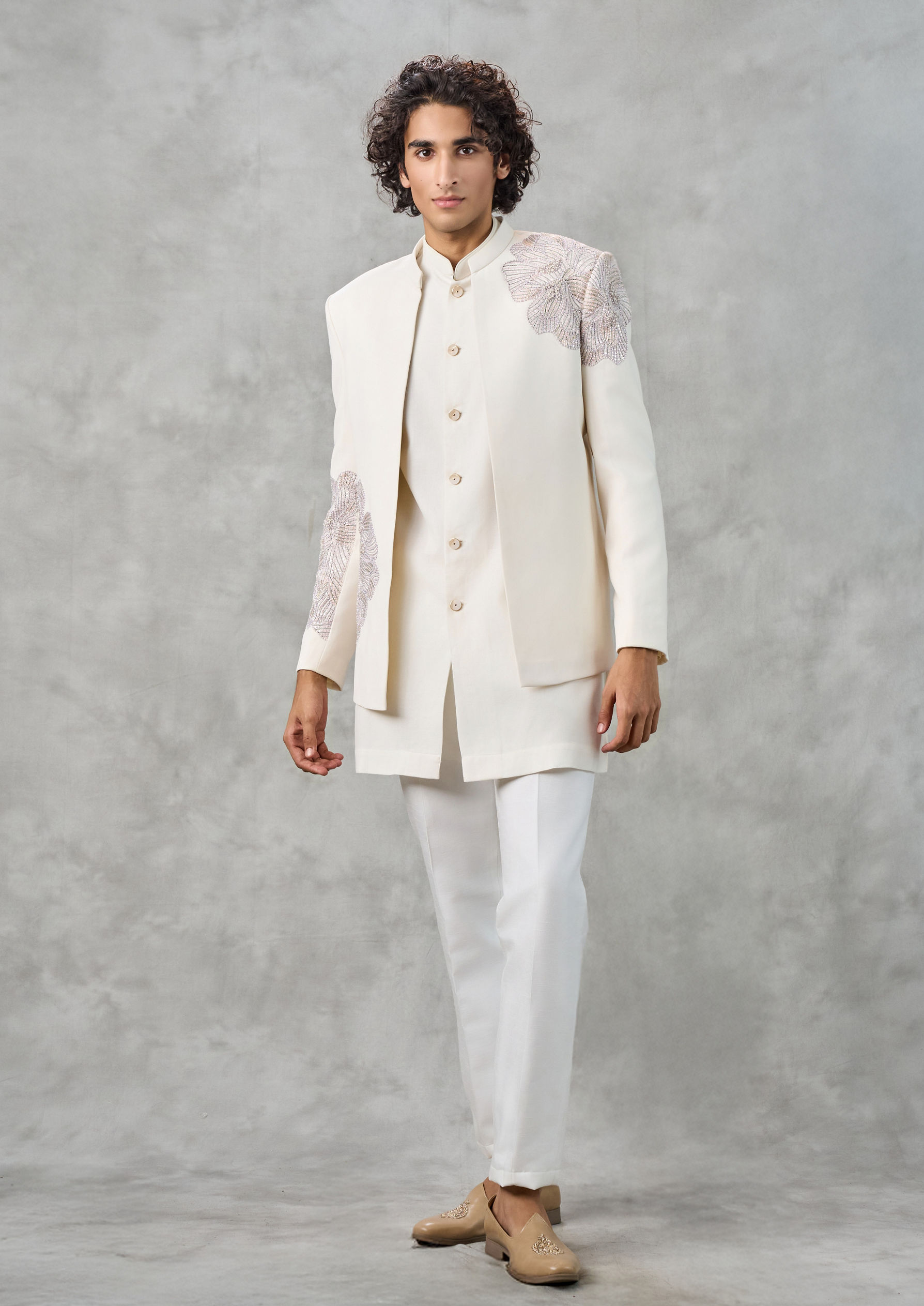 Twamev Men Ivory Floral Hand Embroidered Bandhgala Jodhpuri Set