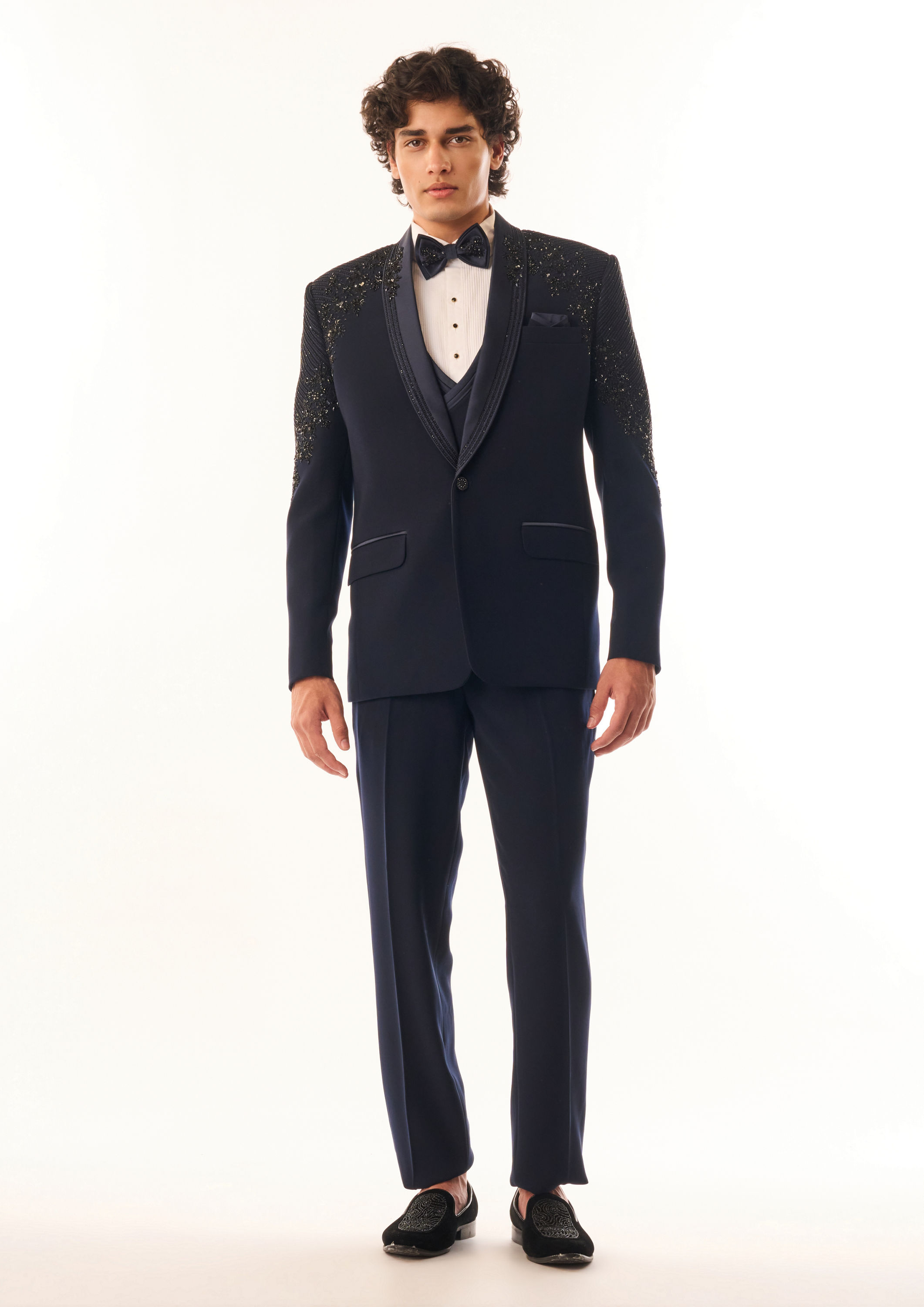 Twamev Men Dark Blue Blended Rayon Suit Set with Embellishments