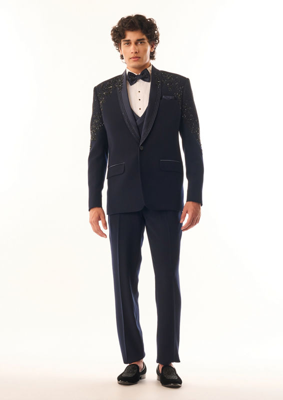 Twamev Men Dark Blue Blended Rayon Suit Set with Embellishments
