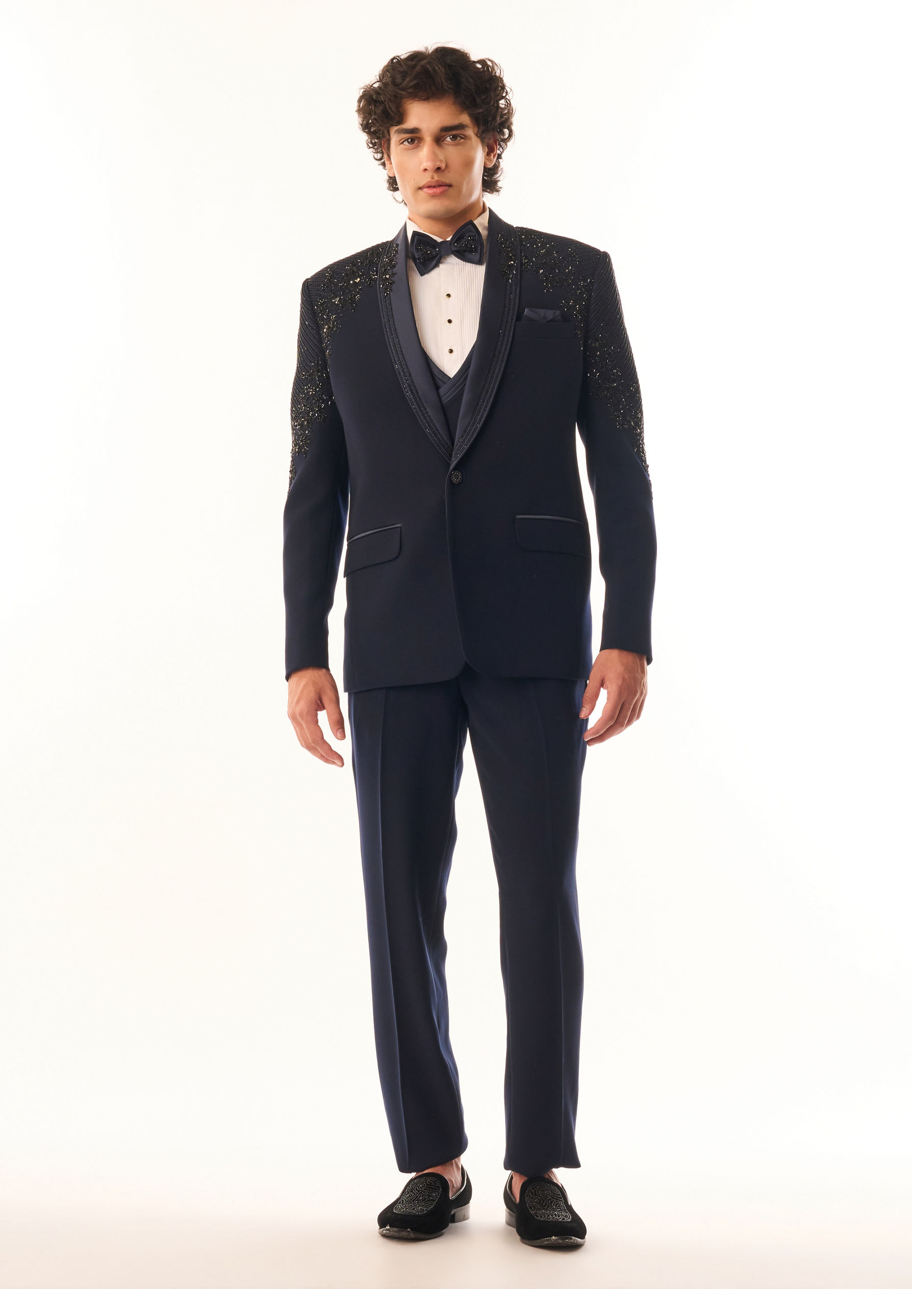 Twamev Men Dark Blue Blended Rayon Suit Set with Embellishments