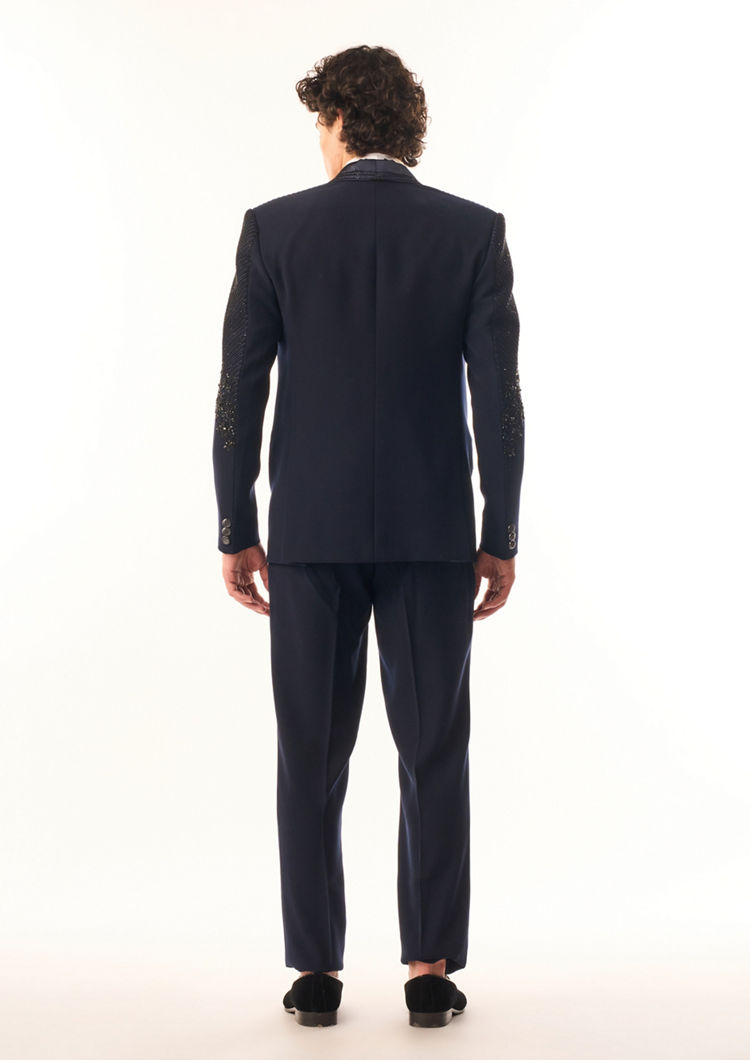 Twamev Men Dark Blue Blended Rayon Suit Set with Embellishments