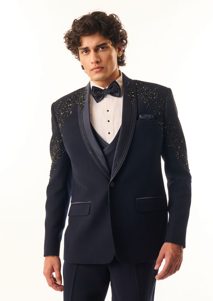 Twamev Men Dark Blue Blended Rayon Suit Set with Embellishments