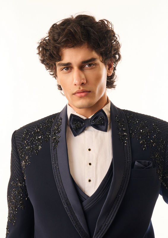 Twamev Men Dark Blue Blended Rayon Suit Set with Embellishments