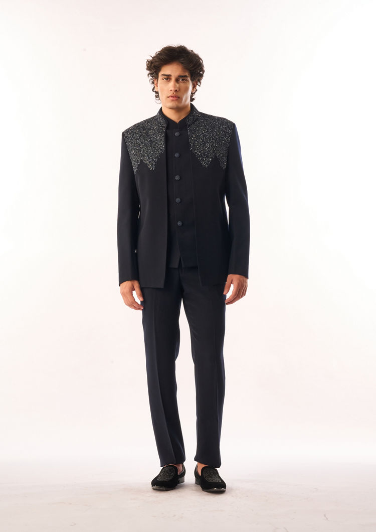 Twamev Men Dark Blue Blended Rayon Jodhpuri Set with Embroidery