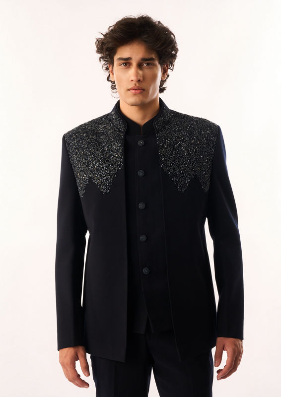 Twamev Men Dark Blue Blended Rayon Jodhpuri Set with Embroidery