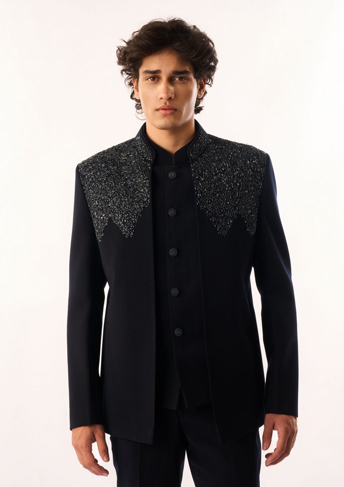 Twamev Men Dark Blue Blended Rayon Jodhpuri Set with Embroidery
