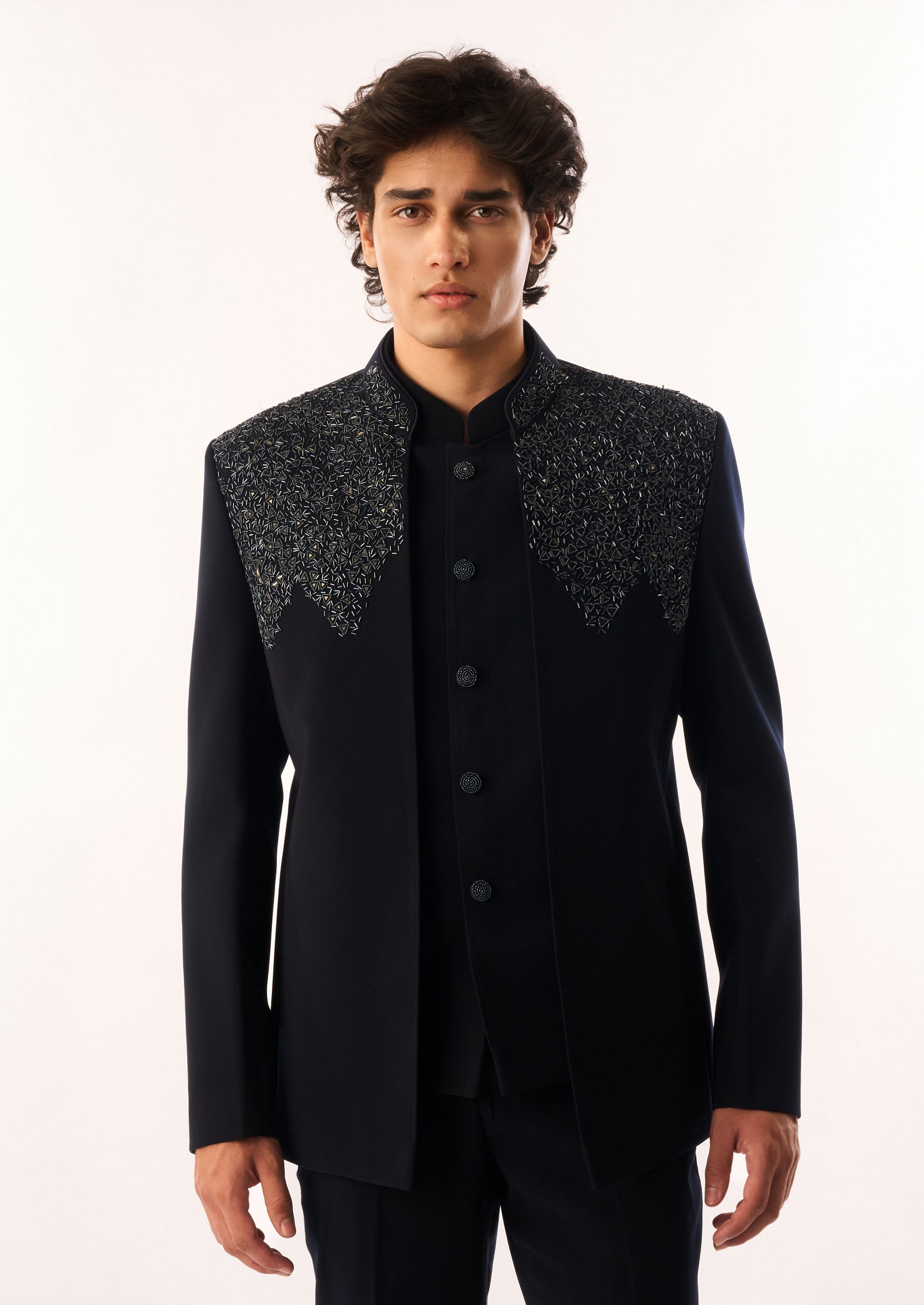Twamev Men Dark Blue Blended Rayon Jodhpuri Set with Embroidery