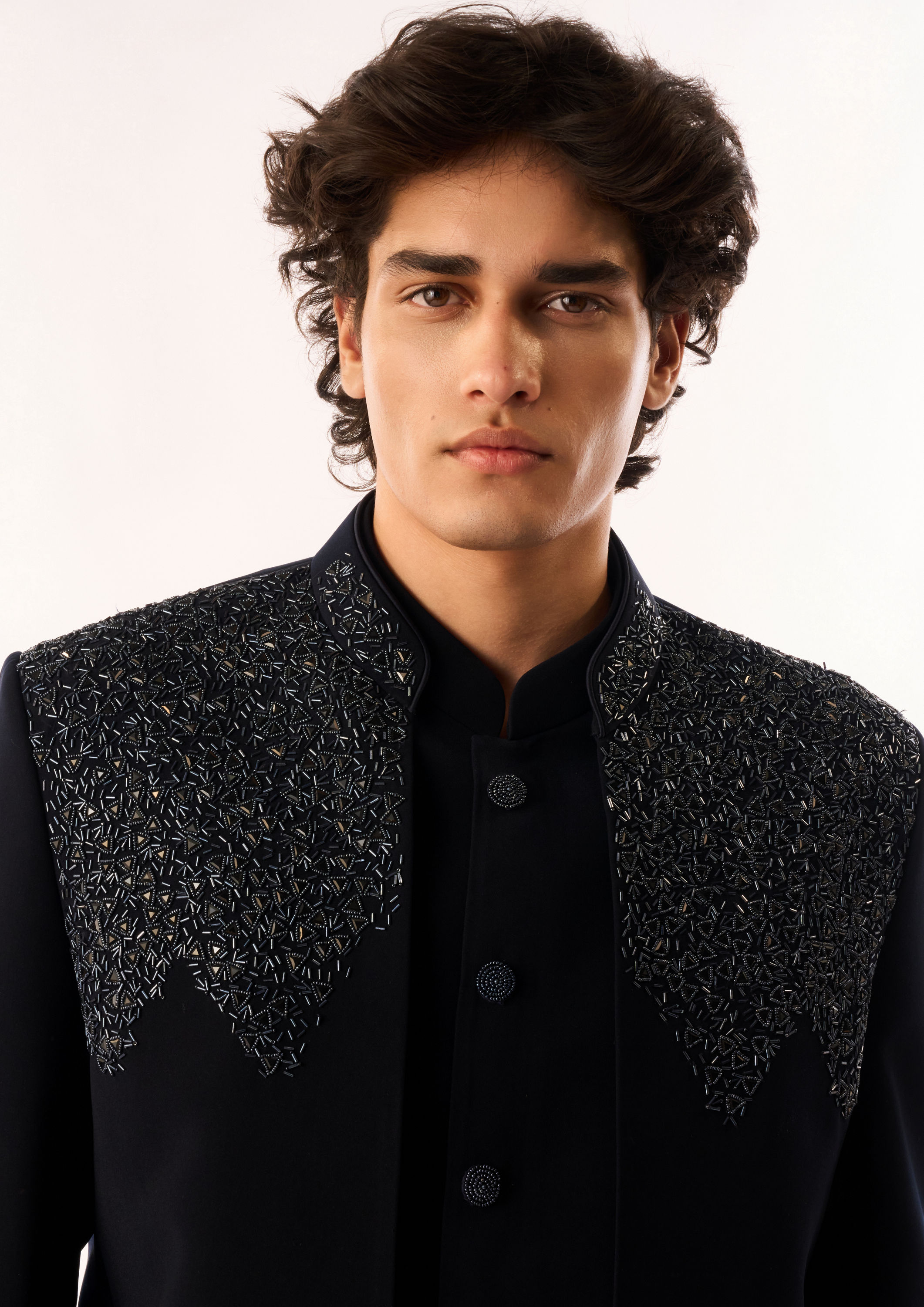 Twamev Men Dark Blue Blended Rayon Jodhpuri Set with Embroidery