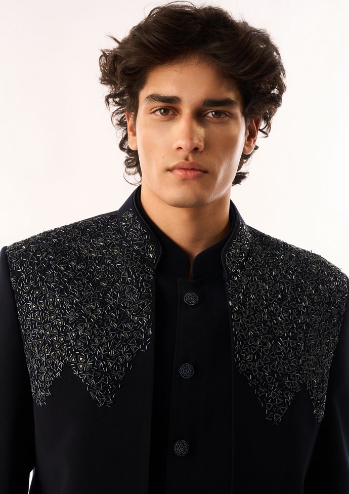 Twamev Men Dark Blue Blended Rayon Jodhpuri Set with Embroidery