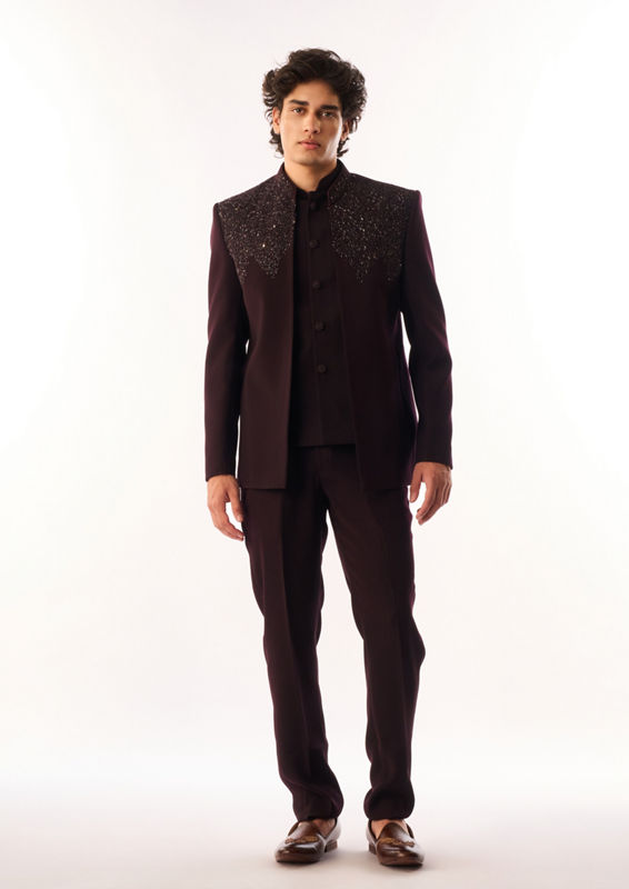 Twamev Men Wine Blended Rayon Jodhpuri Set with Embroidery