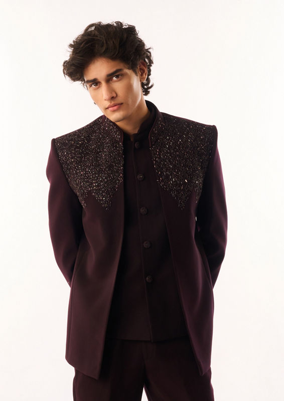 Twamev Men Wine Blended Rayon Jodhpuri Set with Embroidery