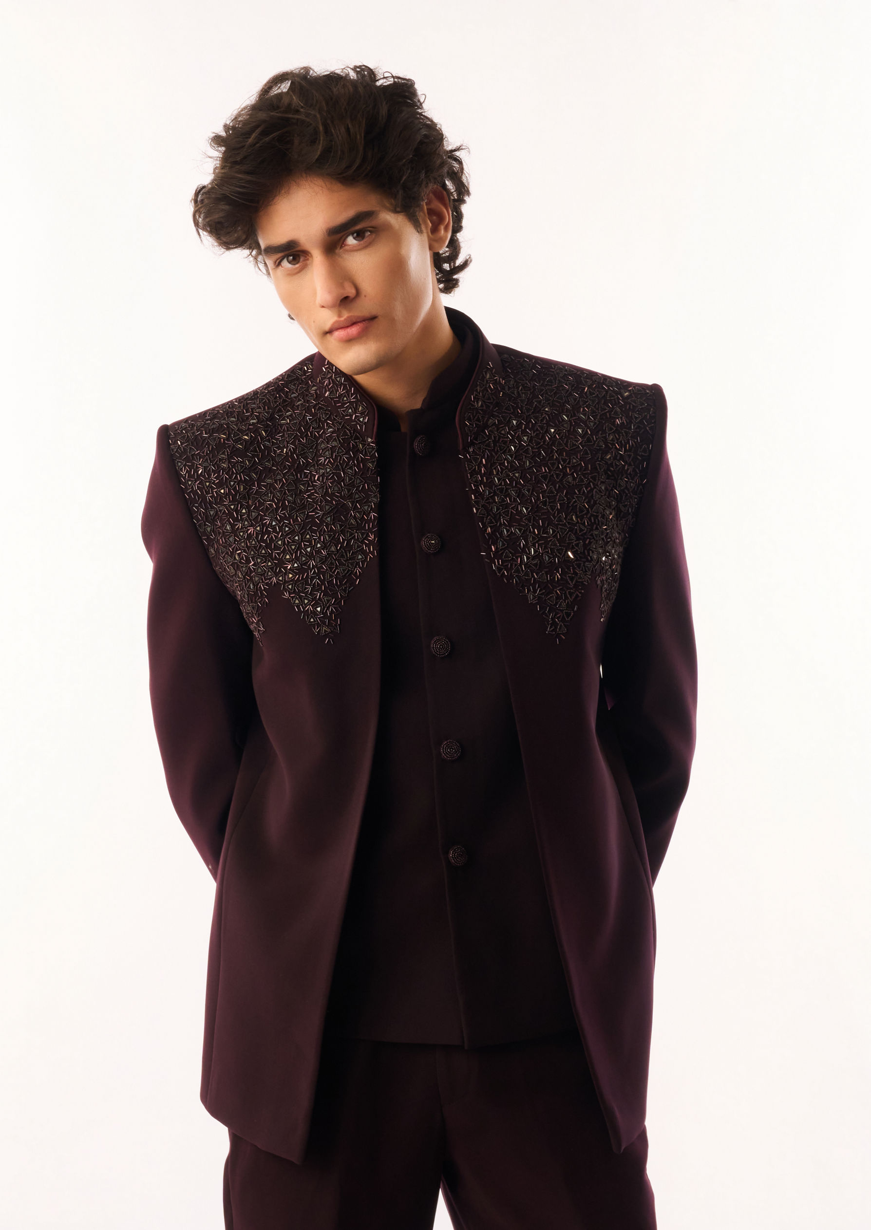 Twamev Men Wine Blended Rayon Jodhpuri Set with Embroidery