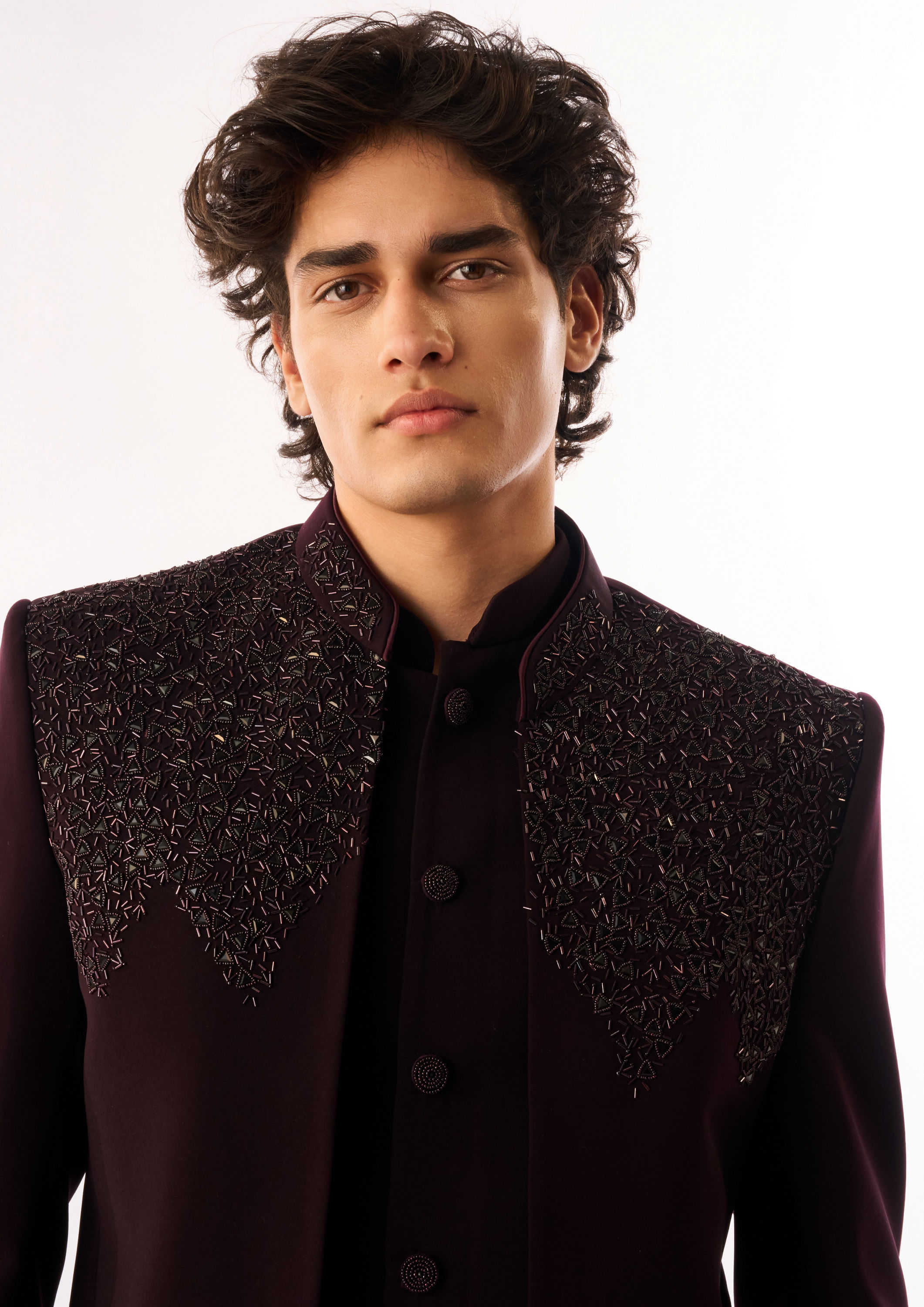 Twamev Men Wine Blended Rayon Jodhpuri Set with Embroidery