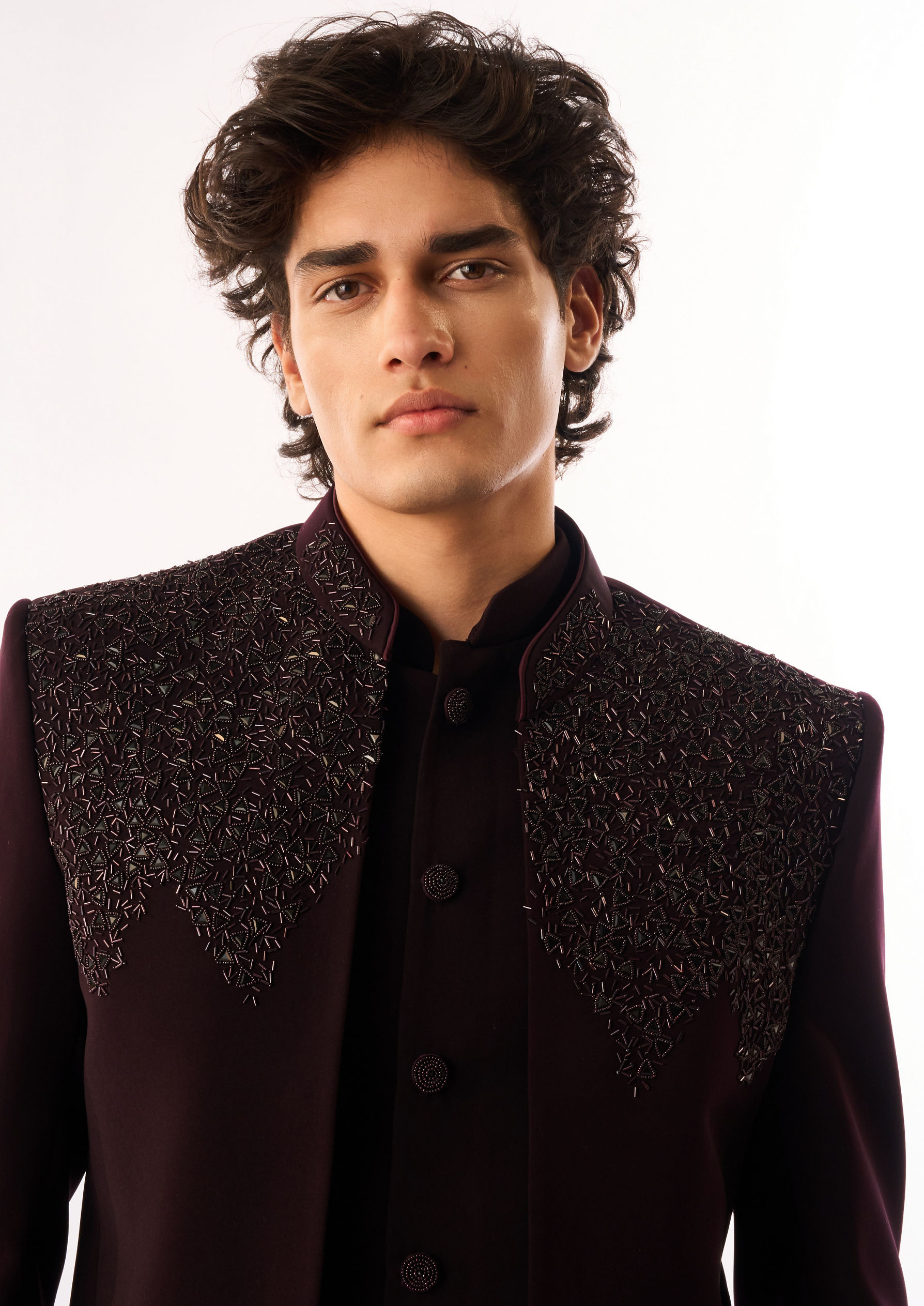 Twamev Men Wine Blended Rayon Jodhpuri Set with Embroidery