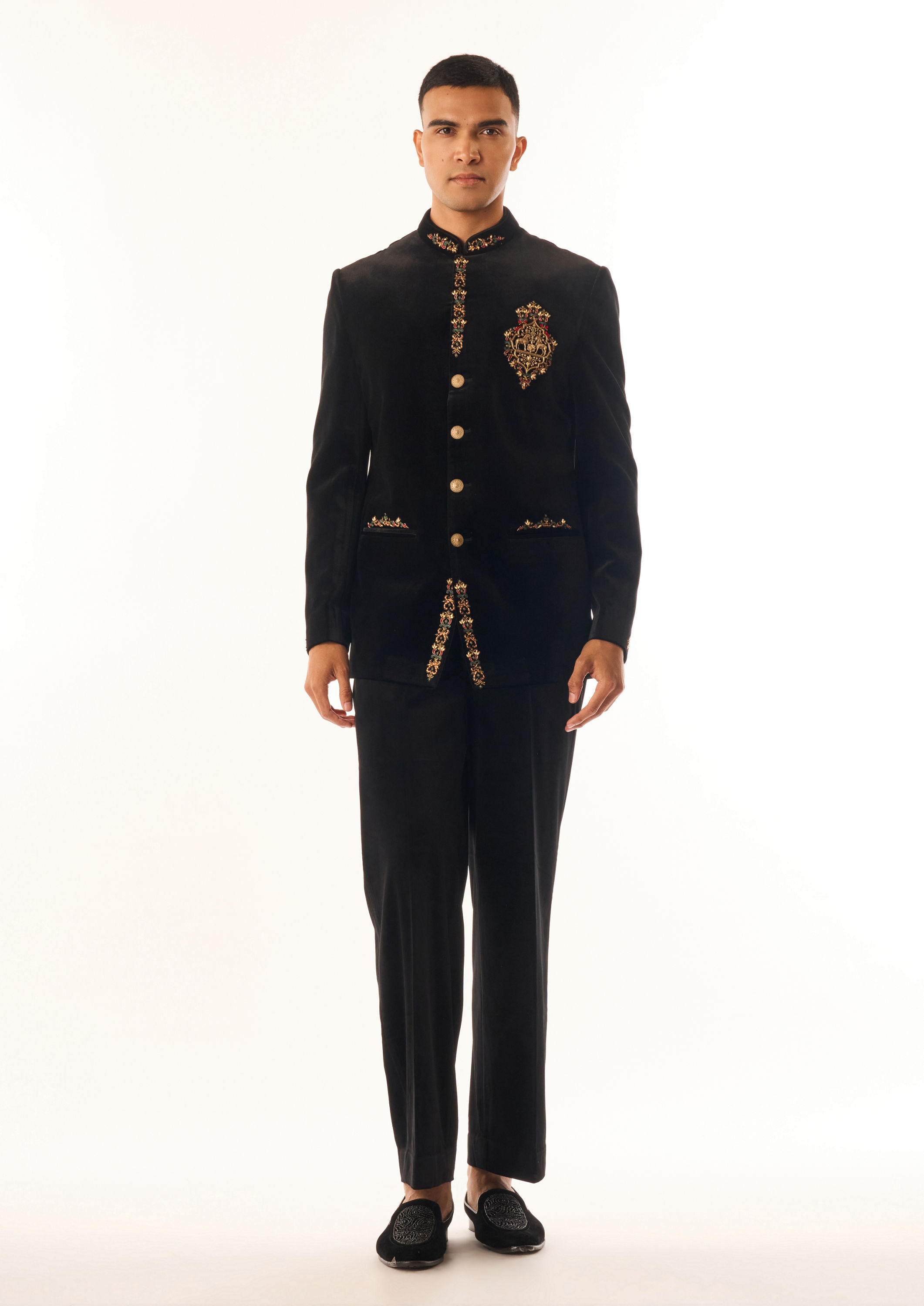 Twamev Men Black Velvet Jodhpuri Set with Embroidery
