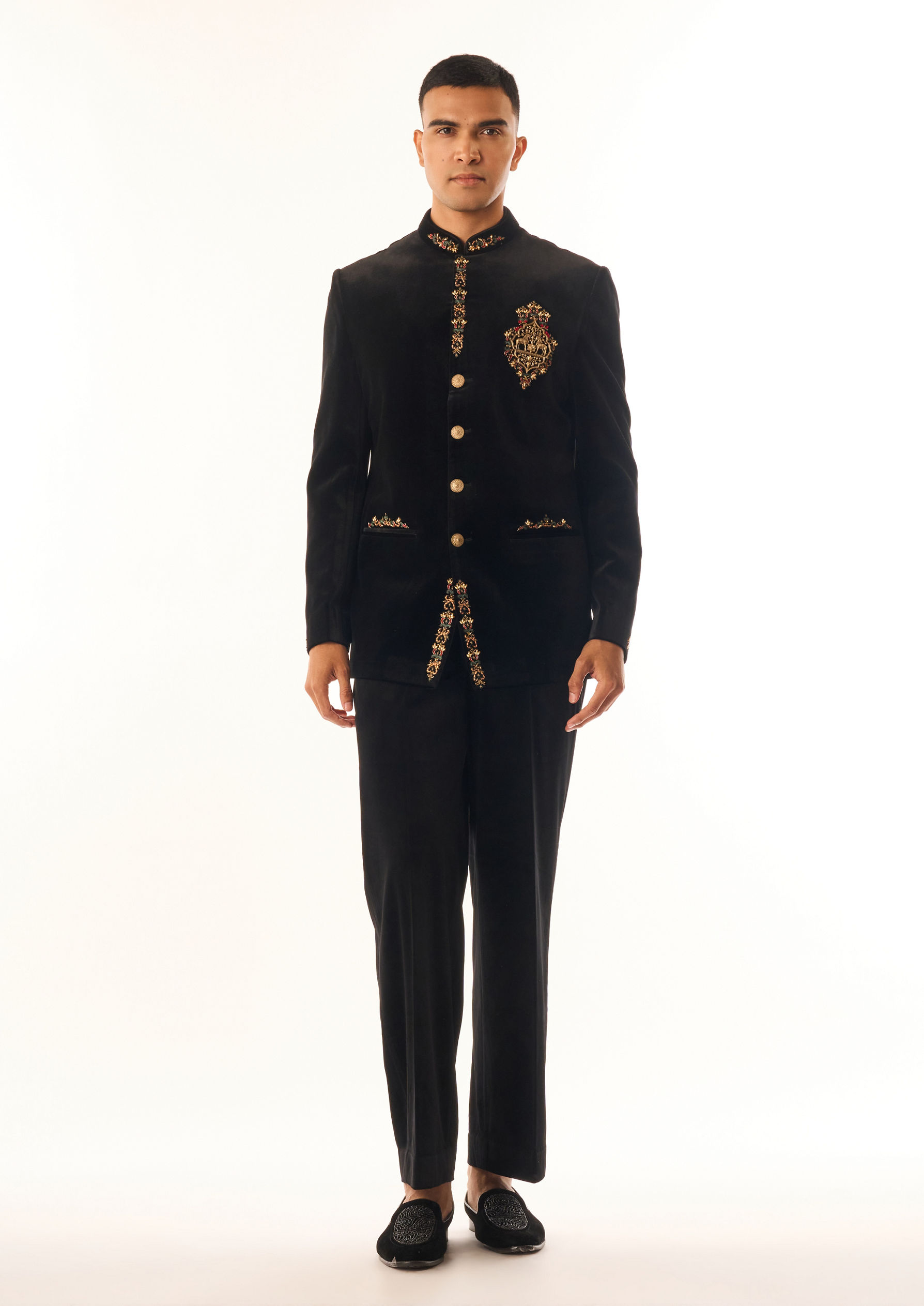 Twamev Men Black Velvet Jodhpuri Set with Embroidery