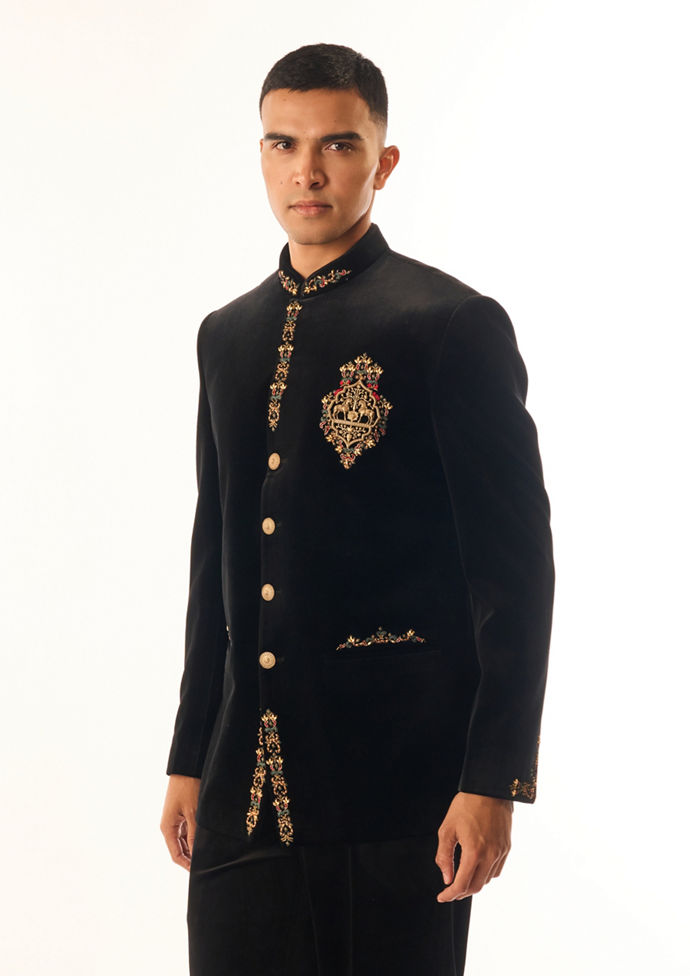 Twamev Men Black Velvet Jodhpuri Set with Embroidery