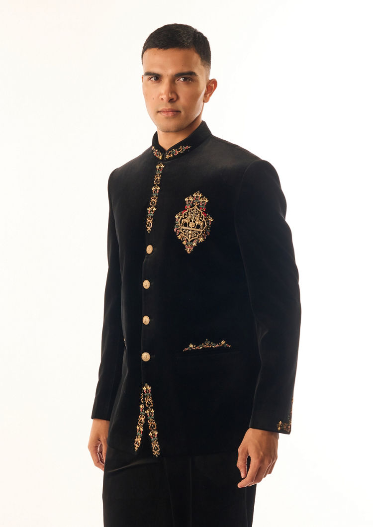 Twamev Men Black Velvet Jodhpuri Set with Embroidery