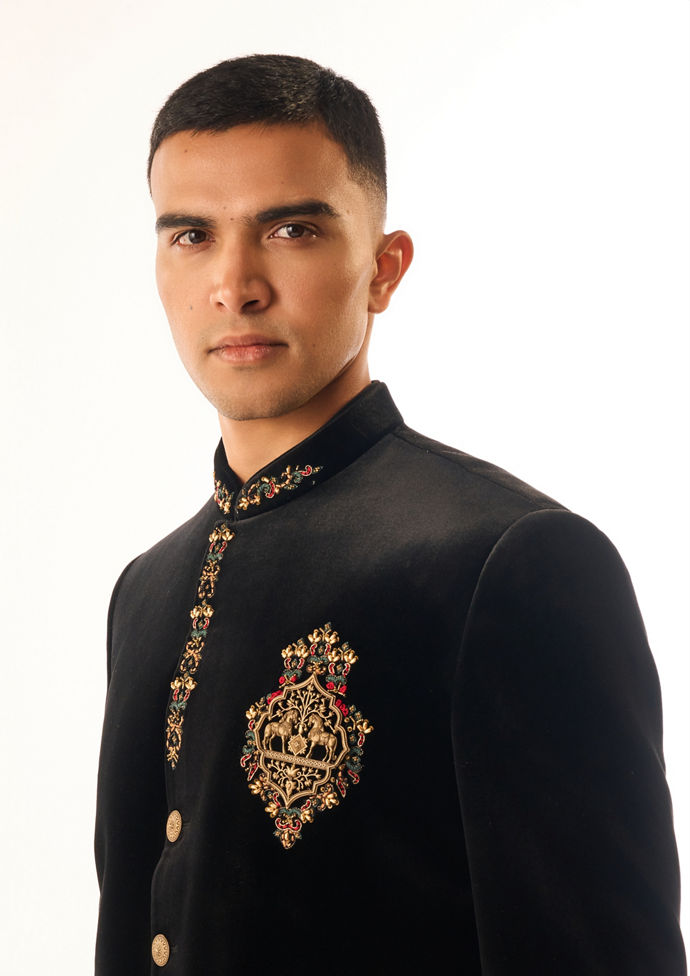 Twamev Men Black Velvet Jodhpuri Set with Embroidery